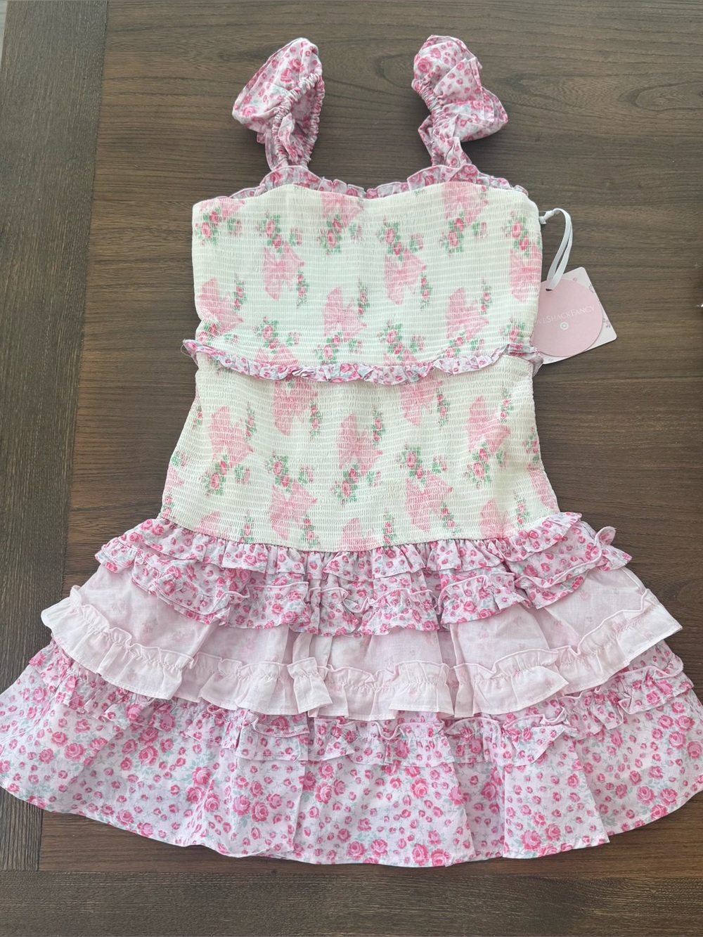 LoveShackFancy Pink Floral Tiered Dress
